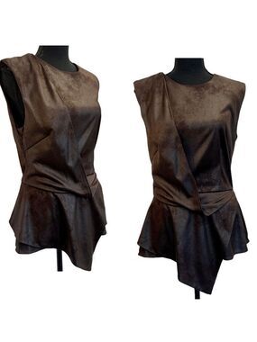 Nha Khanh brown faux suede asymmetrical draped peplum top Sz 10 sleeveless
